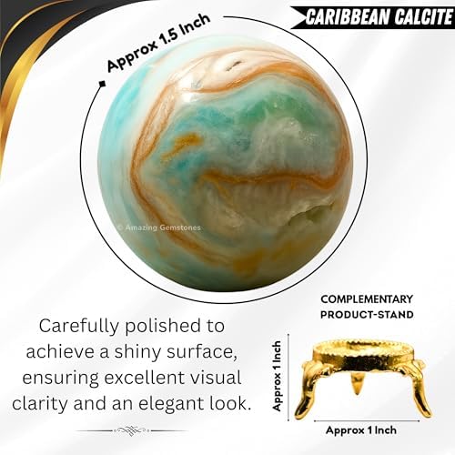 Amazing Gemstone Caribbean Calcite Crystal Ball with Stand - 1.5" Inches Crystal Sphere Meditation Balls for Witchcraft and Decorative Balls
