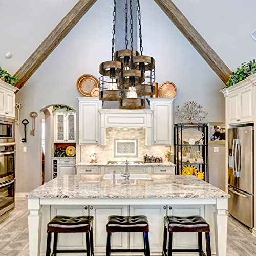 Rustic Pendant Light Fixtures, Farmhouse Kitchen Wood Hanging Lighting, Industrial Round Cage Chandelier for Entryway Hallway Dining Room Bedroom Foyer