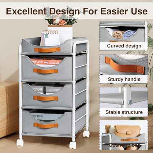DIMJ Clothes Drawer 4 Tier - Fabric Closet Drawer System Rolling, Portable Closet Drawers for Clothes with Wheels, Small Closet Organizer & Replacement Drawers for Bedrooms, Office, Nursery, Grey