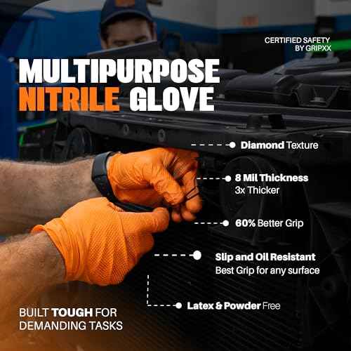 Herkules Grip Heavy Duty 8Mil Orange Nitrile Gloves,3D Raised Diamond Texture-Latex & Powder Free-Industrial, Mechanic