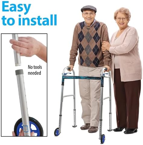 Universal Walker Wheel Kit: 5 Inch Sport Wheels and FlexFit Ski Glides (Dark Blue)