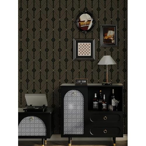 LiKiLiKi Peel and Stick Wallpaper Black and Gold Contact Paper Geometric Modern Wall Paper for Nursery Room Bedroom Bathroom Cabinets and Drawers Vinyl Roll Self-Adhesive Waterproof 17.3¡± x 78.7¡±