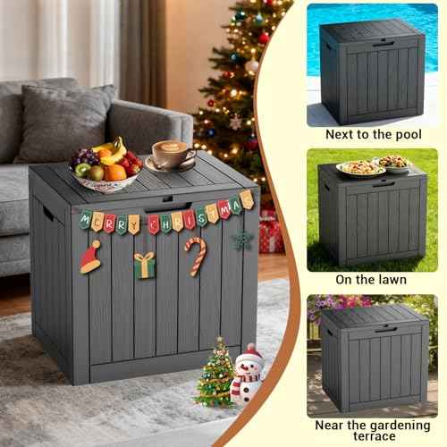 30-Gallon Outdoor Deck Box with Wood-Grain Finish, UV Resistant Waterproof Storage Container with Lock, Storage Box for Camping, Garden & Backyard, Multi-Functional Seat and Table, Black