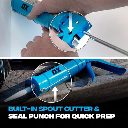 OX 10 oz Half Barrel Drip Free Caulk Gun ? 10:1 Thrust Ratio Silicone Gun with Seal Punch and Spout Cutter ? OX-T046205