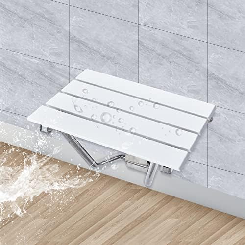 Folding Shower Seat and Bench Wall Mounted, Shower Chair Foldable, Shower Stool Collapsible for Inside Shower Bathroom Bathtub Small Space, 350lb Capacity, Plastic Wood