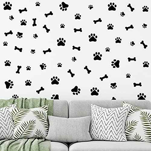 76 Pieces Dog Paw Decal Paw Print Sticker Dog Room Decor for Walls Pup Removable Vinyl Wall Sticker Decoration Animal Footprint for Nursery Bedroom Room Decor Art Mural DIY, Black