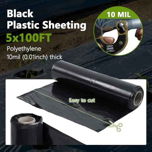 Black Plastic Sheeting Roll 10 Mil 5'x100' Polyethylene Film, Heavy Duty Black Painters Tarp for Drop Cloth, Weed Barrier, Concrete, Vapor, Construction, Cover (5'X100'(10 Mil))