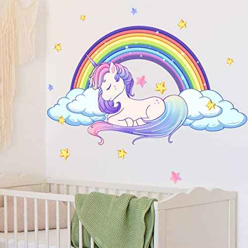 Unicorn Wall Decals Art Rainbow Peel and Stick Stickers - Waterproof With Star Cloud for Girls Kids Bedroom Nursery Playroom Decor