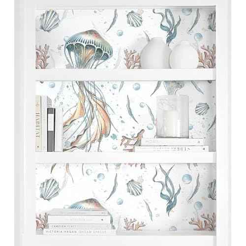 HeloHo Peel and Stick Wallpaper Light Blue Wall Paper Ocean Jellyfish Seaweed Self Adhesive Removable Waterproof Contact Paper for Bathroom Living Room Decor Kids Room Wallpaper 16.1" X 118"