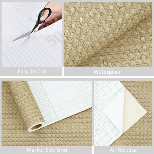 WESTICK Rattan Wallaper Peel and Stick Non-Textured Cane Contact Paper for Cabinets Self Adhesive Cane Weave Webbing Wicker Weave Vinyl Stick on Rattan Paper for Furniture Dresser Bedroom 15.8"x80"