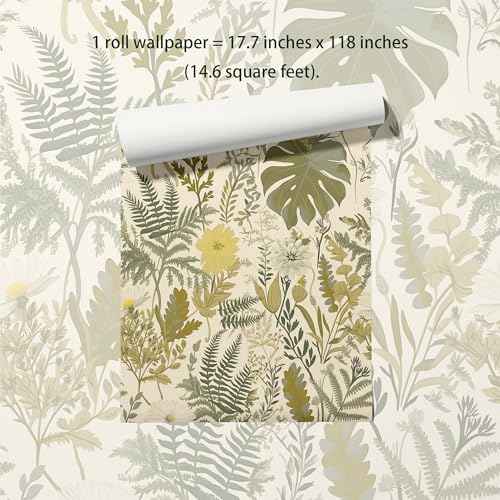 Peel and Stick Wallpaper Boho Bathroom Wallpaper Green/Yellow/Beige Wall Paper 17.7"x118" Removable Self Adhesive Contact Paper Tropical Botanical Floral Fern Leaves Wall Mural