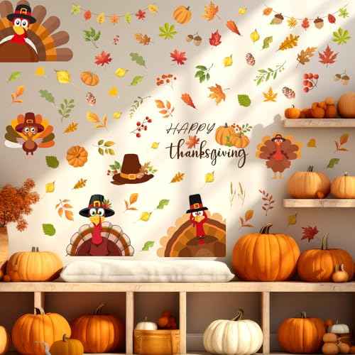 ReliThick 6 Sheets Thanksgiving Wall Decals Turkey Pumpkin Maple Leaves Stickers Thanksgiving Peel and Stick Fall Decor for Home Bedroom Bathroom Wall Door Window Decor