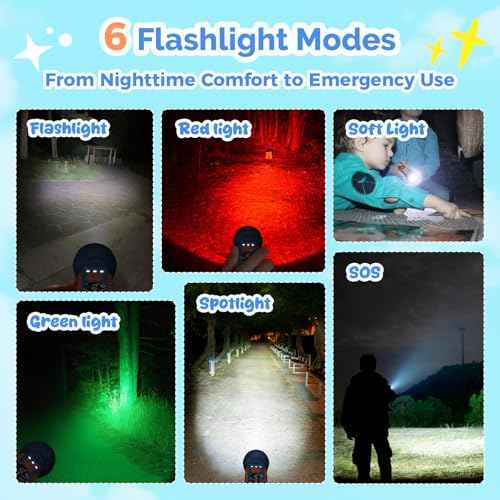 ETENWOLF L1 Rechargeable Flashlight for Kids(2-Pack),LED Flashlight with Fun DIY Stickers, 6 Light Modes, Adjustable Brightness, 1500mAh, IPX5 Waterproof Flashlight for Camping, Home & Emergency