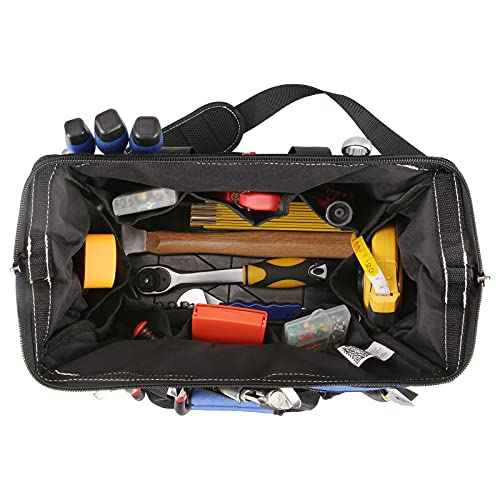 Tahoe Trails 16" Wide Mouth Tool Bag and Organizer for Home, Workshop, or Job Site, Molded Waterproof Base with 21 Pockets and 7 Belt Loops, Padded Handle, Adjustable Shoulder Strap