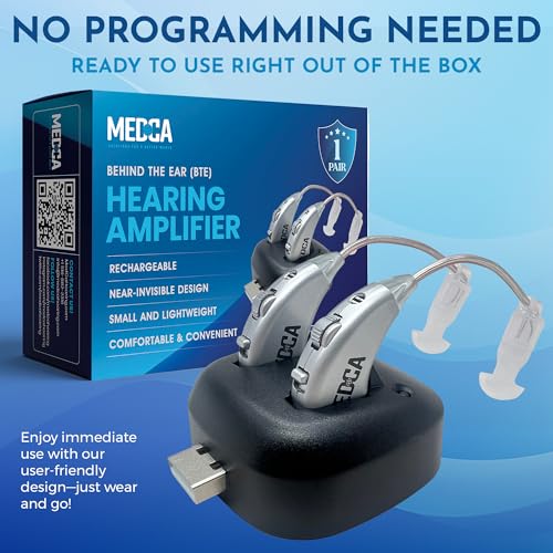 Digital Hearing Amplifiers - Rechargeable BTE Personal Sound Amplifier Pair with USB Dock - Premium Behind The Ear Sound Amplification - by MEDca