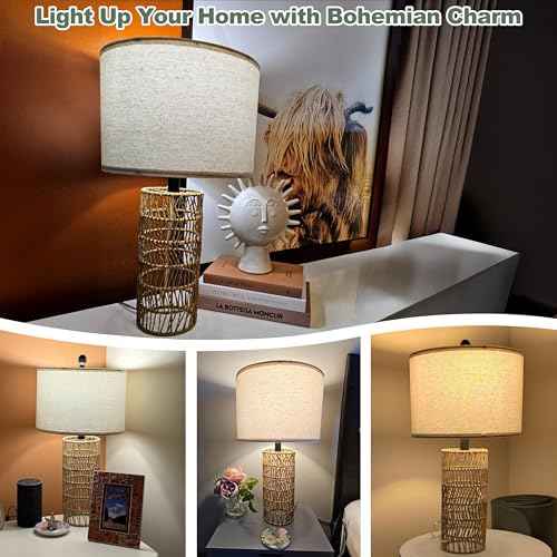 OYEARS 22.5" Boho Table Lamps Set of 2 for Living Room, Bedside Lamp for Nightstands, Rattan Lamp for Bedroom, Farmhouse Table Lamp for Room Decor, End Table, Retro, Brown£¨Not Include Bulbs£©