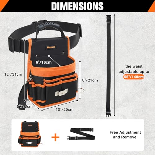 Tool Belt Pouches, 22 Pockets Electrician Tool Pouch with Hammer Loops and Tape Clip, Detachable & Adjustable Single Side Belt Tool Pouch for HVAC Craftsman Contractor Electricians Carpenter