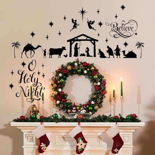 Chinco Large Christmas Nativity Scene Wall Decor Stickers Nativity Vinyl Wall Decal Christmas Decorations Religious Wall Murals Modern for Xmas Room Decor, Black (O Holy Night)