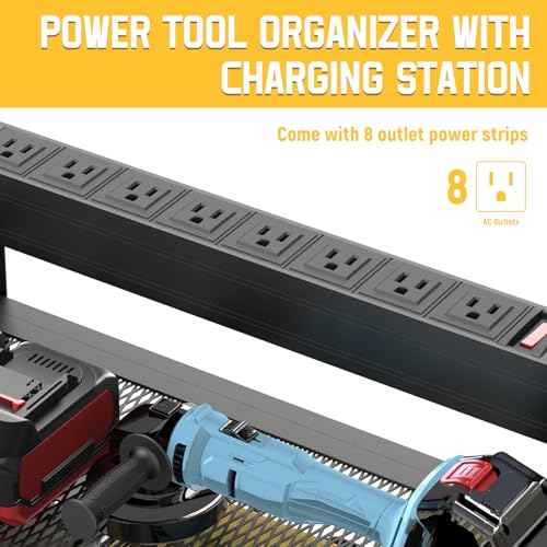 Drill Holder Wall Mount with 8-Outlet Charging Station, 190lbs Load 4 Layers Carbon Steel Heavy Duty Power Tool Organizer Wall Mount for Garage & Workshop, 4 Drill Holders, Modular Pegboard Rack