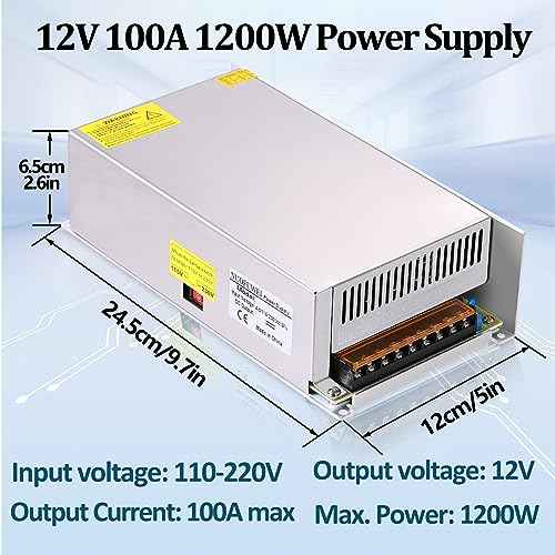 DC 12V 100A 1200W Switching Power Supply Adapter PSU AC-DC 12Volt Industrial Transformer Converter SMPS 110V/220V for Motor Pump LED Drive CCTV Security Camera Car Stereo and More 12V Device