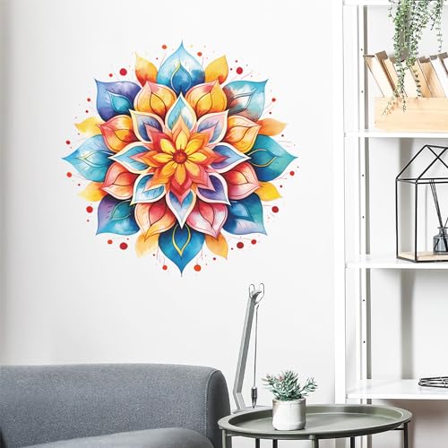 Large Mandala Wall Decal Blue Lotus Flower Wall Sticker Removable Indian Namaste Vinyl Wall Art Mural for Yoga Meditation Living Room Bedroom TV Sofa Background Decors (B404)