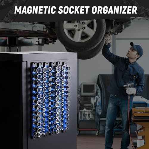 ALOANES Magnetic Socket Organizer Set, 3-Piece Heavy Duty Aluminum Socket Holder Socket Rail Organizer for Tool Box, 360¡Æ Swivel Clips Socket Rack 1/4, 3/8, 1/2-Inch x 40 Clips (Blue)
