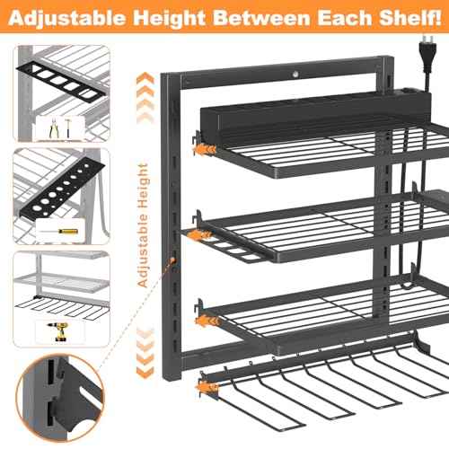 Power Tool Organizer Wall Mount with Charging Station, 4 Drill Holder Cordless Tool Organizer, 4 Layer Storage Rack Heavy Duty Metal Garage Organization with 8 Outlet Power Strip for Fathers Men Gift