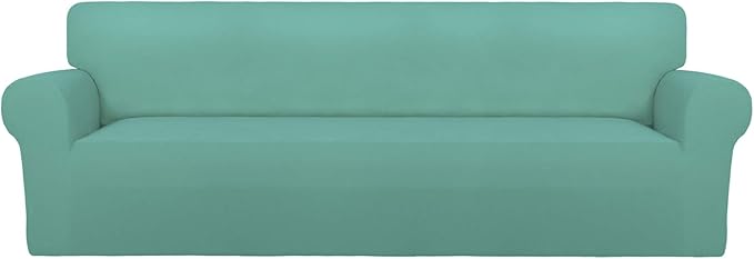 PureFit Super Stretch 4 Seater Sofa Slipcover – Spandex Non Slip Soft Couch Sofa Cover, Washable Furniture Protector with Non Skid Foam and Elastic Bottom for Kids, Pets （XX Large, Cyan）