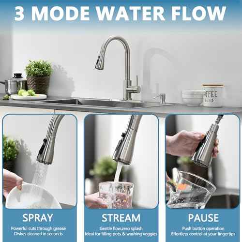 Kitchen Faucet with Soap Dispenser, 3 Modes Stainless Steel Kitchen Sink Faucet with Pull Down Sprayer, Brushed Nickel Single Handle High Arc Mixer Taps for Bar Laundry Camper RV