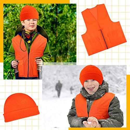 Jiuguva 6 Pcs Kids Hunting Safety Vest and Hat Set - Blaze Orange Construction Vest and Knitted Hat for Boys Girls