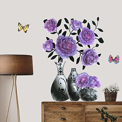 Supzone 3D Vase Stereo Flower Wall Stickers - DIY Purple Superposition Floral Decal - Removable Waterproof Art for Bedroom, Living Room, Offices, Study Room Home Decoration