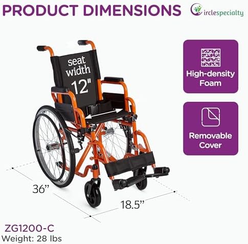 Ziggo 12” Seat Width Pediatric Wheelchair for Kids & Children, Lightweight, Manual Folding Wheelchair w/Safety Belt, Swing-Away Foot Support w/Straps, Desk Length Arm Rests, Free Cushion Accessory