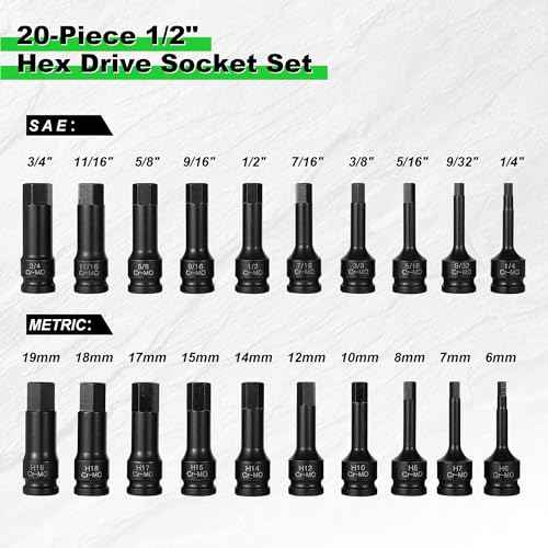 20-Piece 1/2" Drive Master Impact Hex Bit Set, One-Piece Construction Hex Driver, Cr-Mo Steel, Drive Allen Bit Socket Set, SAE(1/4" - 3/4") & Metric(6mm - 19mm)