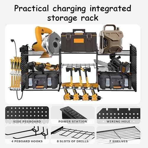 Tool Organizer Wall Mount, 3 Layer Storage Rack, 45 inch long, extra storage space, Heavy Duty Rack for Drill Bit Metal Power Tools, Storage Shelf with Charging Station for Garage Organization