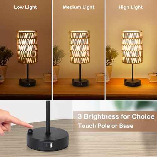 Touch Table Lamp Set of 2 For Bedroom with Bulb, Boho Small Desk Lamp For Living Room With Rattan & Linen Shade, 3 Way Dimmable Bedside Table Lamp For Nightstand With USB Charging Port & Phone Stand