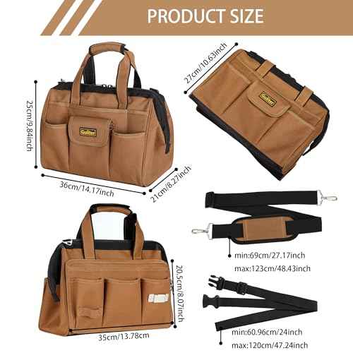 14 Inch Heavy Duty Tool Bag,22-Pocket Wide Mouth Soft Tool Box Organizer,Detachable Tool Belt Pouch with Adjustable Shoulder Strap and Waist Belt,Multifunction Carrying Toolbag for Men/Women