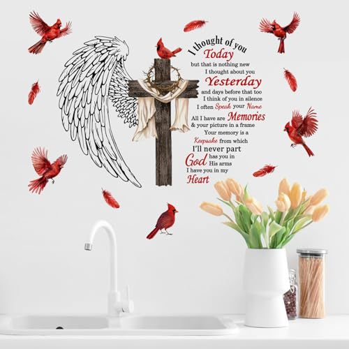Yovkky Christian Cardinal Memorial Wall Decals Stickers, Religious Cross Wings Home Bedroom Decor, Holy Bible Quote Living Room Kitchen Decorations Art