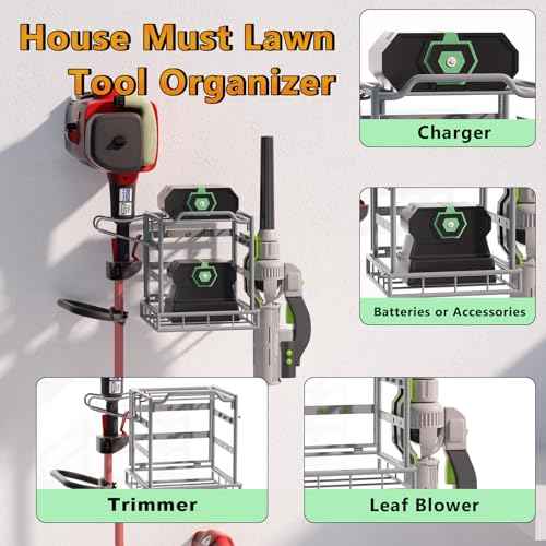 Power Tool Organizer Wall Mount, Lawn Tool Storage Rack for Leaf Blower, Weed Eater, Battery, Charger - Yard Tool Storage Organizer with Storage Hook for Hanging Basement Garage Trimmer/Tool(Gray)