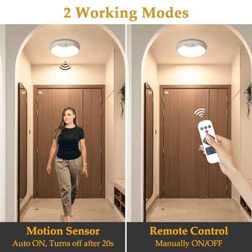 TOOWELL Rechargeable Motion Sensor Light with Remote, Battery Operated Ceiling Light 8000mAh, Wireless Motion Activated Light Indoor for Closets Shower Pantry Stairs Hallway 2 Pack