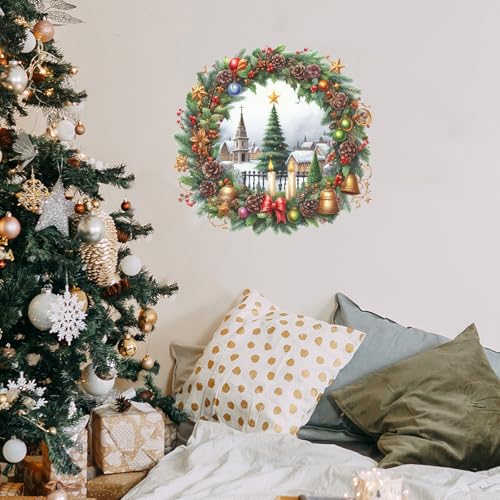 Christmas Wreath Wall Decal ? Classic Holiday Candle & Church Scene Sticker with Bells, Pinecones & Ornaments, Removable Vinyl Winter Wall Decor for Living Room, Window, Fireplace & Door Decoration