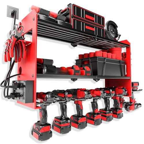 Power Tool Organizer Wall Mount with Charging Station, Cordless Drill and Battery Holder Shelf for Garage Organization,Heavy Duty Metal Tool Rack Storage, Load 300lbs, Built in 5 Outlet Power Strip