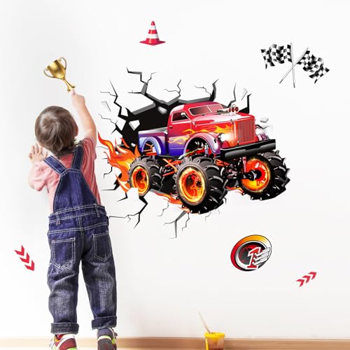 Supzone 3D Racing Car Wall Decals for Boys Room, Fast Racing Truck Break Through The Wall Vinyl Wall Sticker for Kids Room Nursery Playroom Classroom