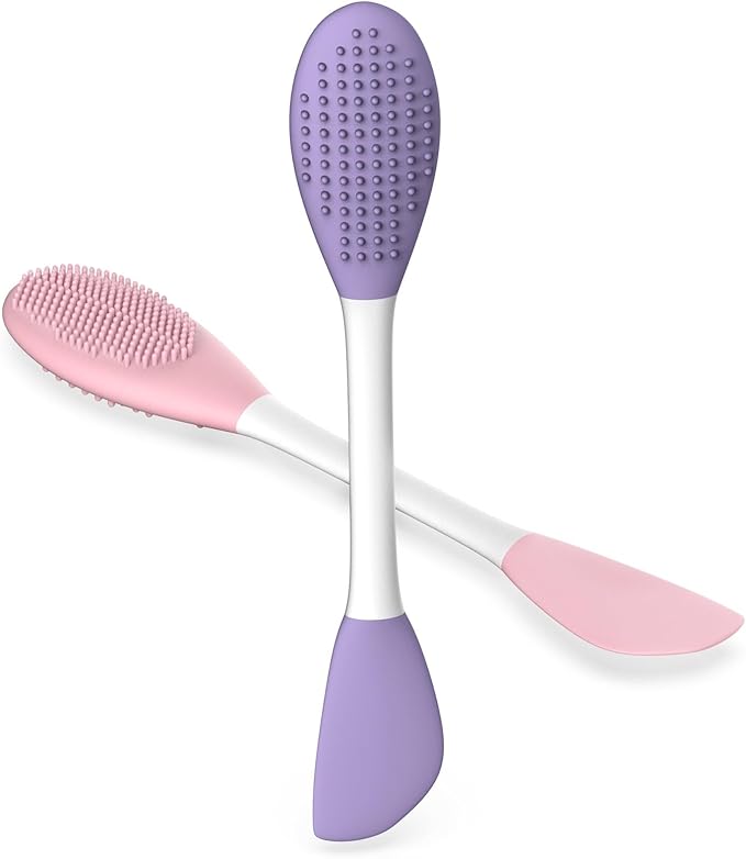 Silicone Pore Cleansing Brush Set, 2PCs Face Mask Applicator Spatula & Facial Massage Tool, Multi-Function Soft Silicone Pore Brush Face Scrubber for Skincare Routine, Pink & Purple