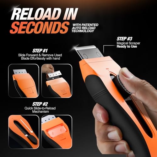 Razor Blade Scraper Tool | 18 Extra Blades, Unique Auto-Reload Mechanism, Dual Storage Compartment, cleaning razor scraper for Kitchen, Glass, Cooktop, Stovetop, Oven, Paint, Window, Sticker