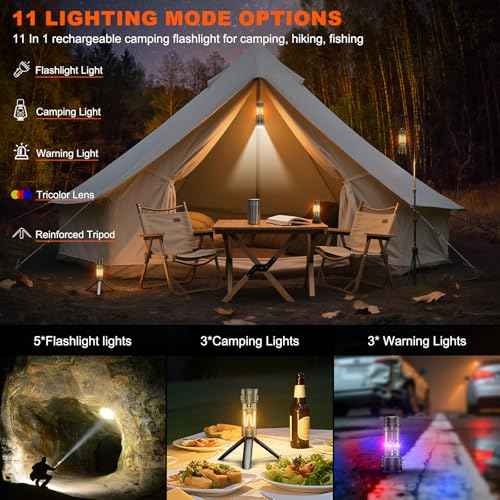 Camping Flashlight 11 Light Modes, 6000Lumens Super Bright Flashlight Rechargeable with IPX7 Waterproof & 60H Long Life Battery & Camping Lantern Tripod, Flash Light for Outdoor Camping, Home