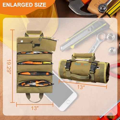Tool Roll Up Bag, ZMyHeart Tool Organizer Bag,Tools Storage Box,11 Pouches,Grease Resistance,Tools Carrier Bag for Electrician,Mechanic,Plumber,Carpenter,Craftsman,Hobbyist,Gift for Men (Khaki)