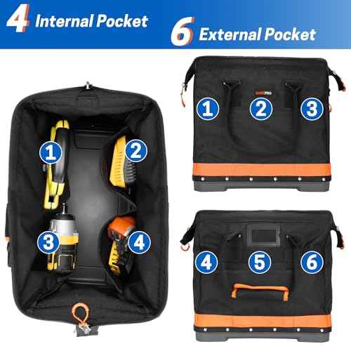Wide Mouth Tool Bag, 16 Inch Heavy Duty Tool Bag with Waterproof Plastic Bottom, Multiple Purpose for Plumbers, Electricians, Handymen