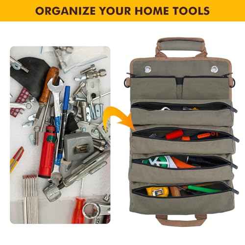 Roll Up Tool Bag Organizer, Portable Tool Roll Organizer Bag, Waterproof Oxford Cloth Tool Pouch with Handle and 6 Pockets, Perfect for Home, Electrician (Green)