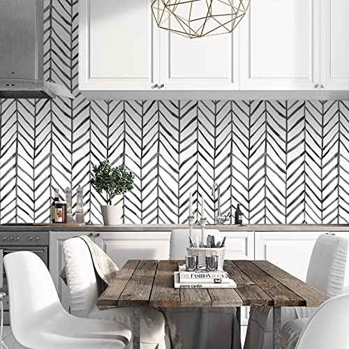 HAOKHOME Black and White Wallpaper Peel and Stick Stripe Herringbone Geometric Textured Self Adhesive Contact Paper Removable for Bathroom 17.7in x 9.8ft