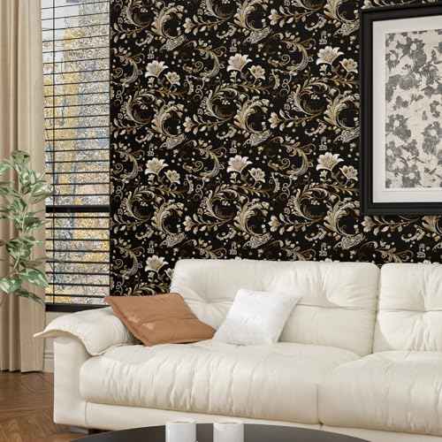 Gold Leaf Wallpaper Peel and Stick Vintage Dark Floral Contact Paper Retro Flower Wall Wallpaper Waterproof Self-Adhesive Wall Covering for Bedroom Countertop Desk Cabinet 17.4" x 118"